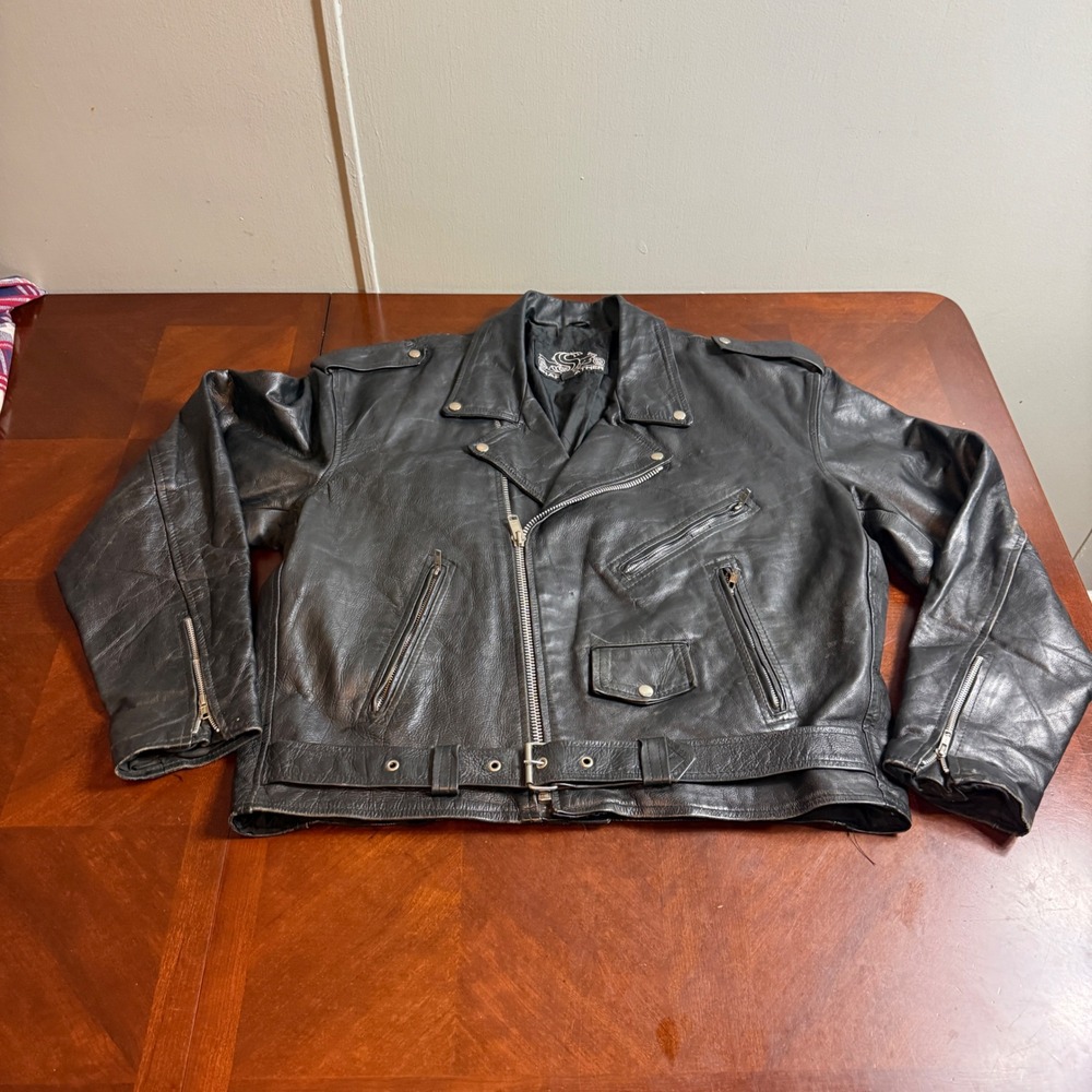 Shaf Leather Mens Black Motorcycle Jacket Size 54 Belted Biker Asymmetrical Zip
